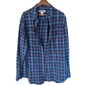 Duluth Trading Co Men's Free Swingin Flannel Blue Plaid Shirt, L Slim Fit EUC